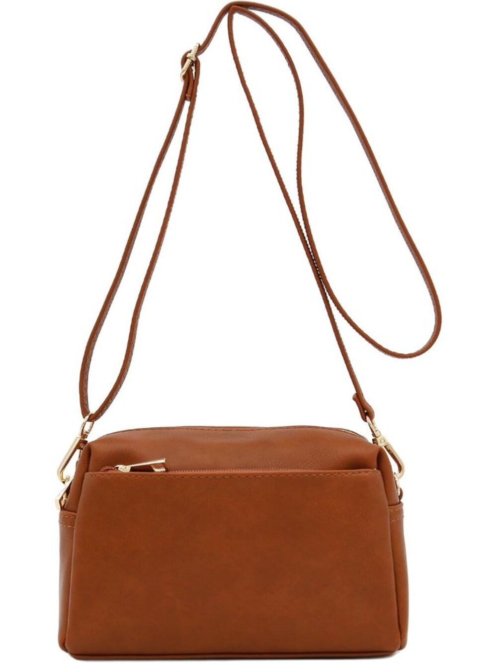 Women's Saddle Brown Leather Triple Zip Small Crossbody Bag